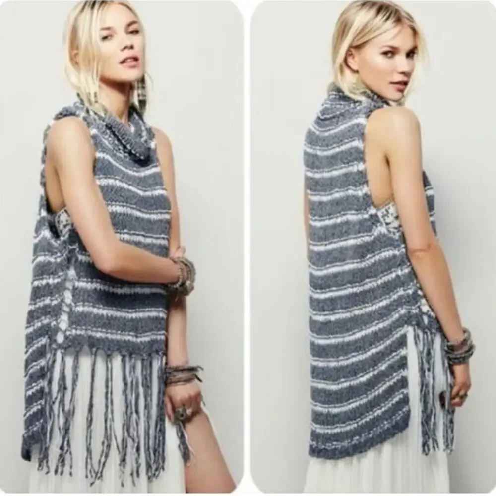 NWT Free People Folksong Midnight Striped Fringe Tunic Sweater Vest Size S